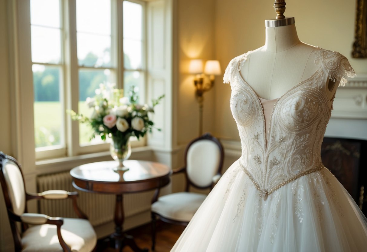A wedding dress with delicate lace, soft tulle, and intricate beading, displayed on a vintage dress form in a sunlit room with antique furniture