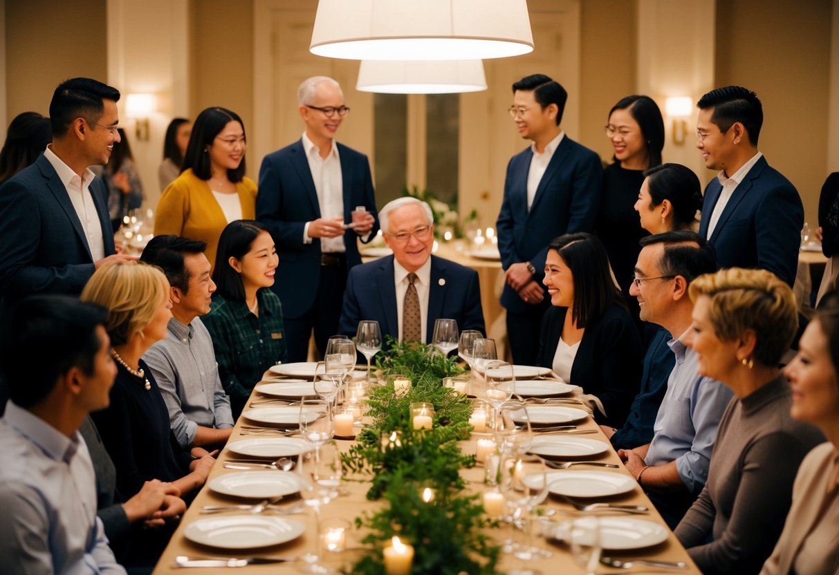 A group of people gather around a table set for a dinner rehearsal. The setting is warm and inviting, with soft lighting and a relaxed atmosphere