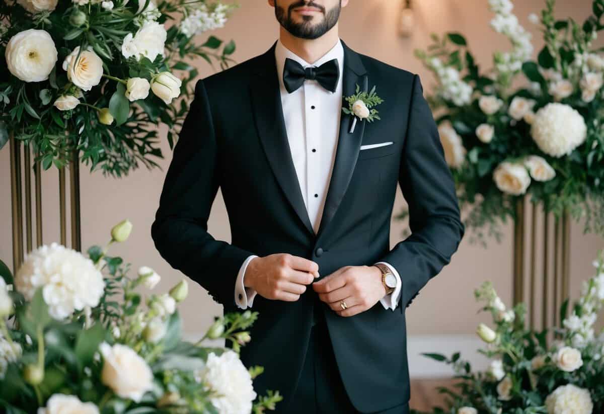 A black tuxedo surrounded by elegant floral arrangements and wedding decor