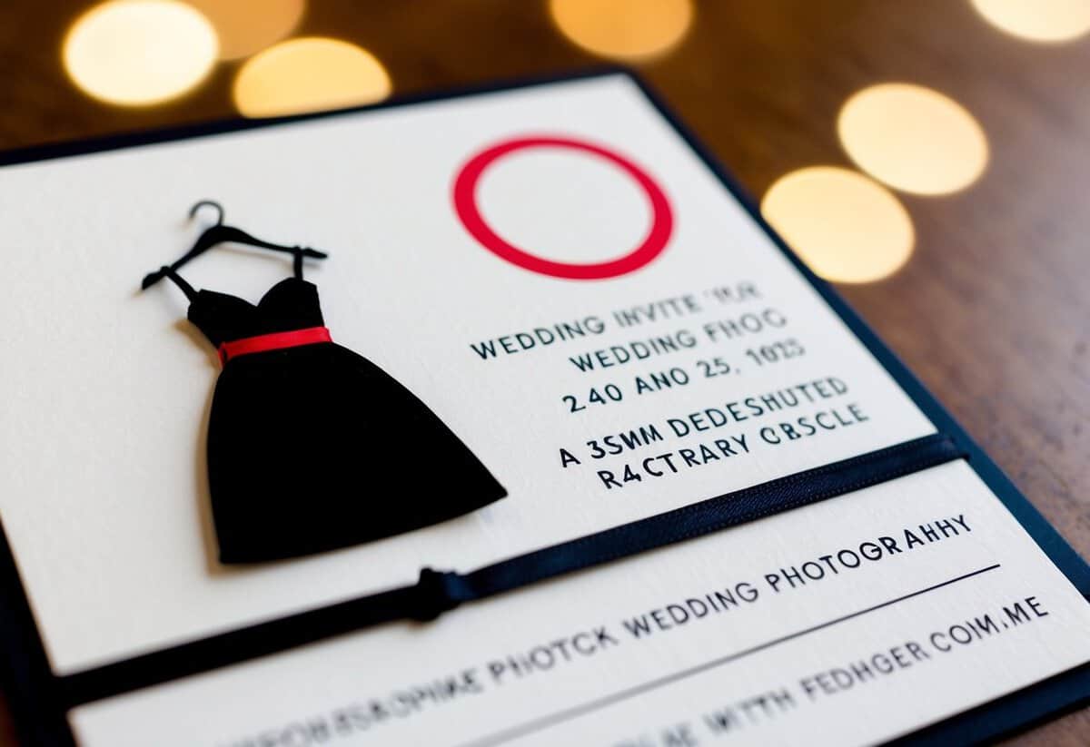 A wedding invitation with a black dress and a red circle with a line through it