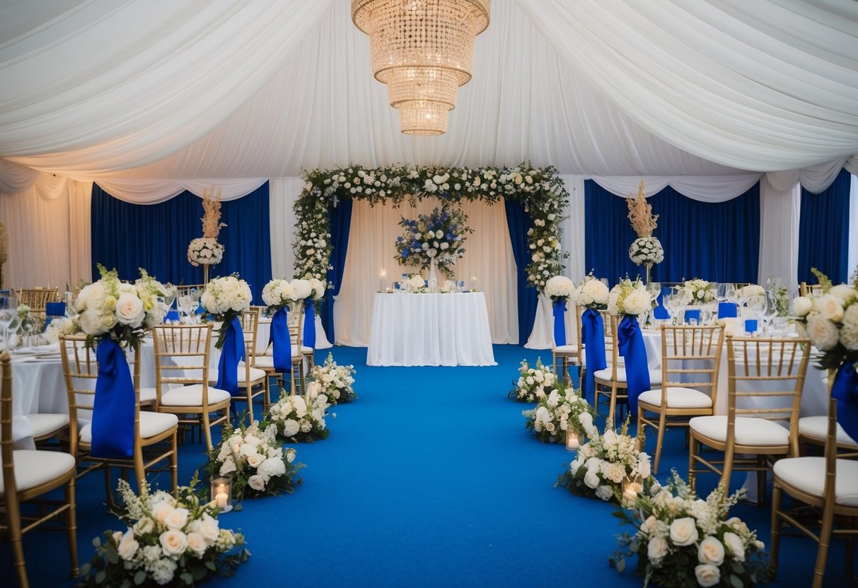 A scene of a British wedding with colors of white, gold, and royal blue adorning the venue, flowers, and decor