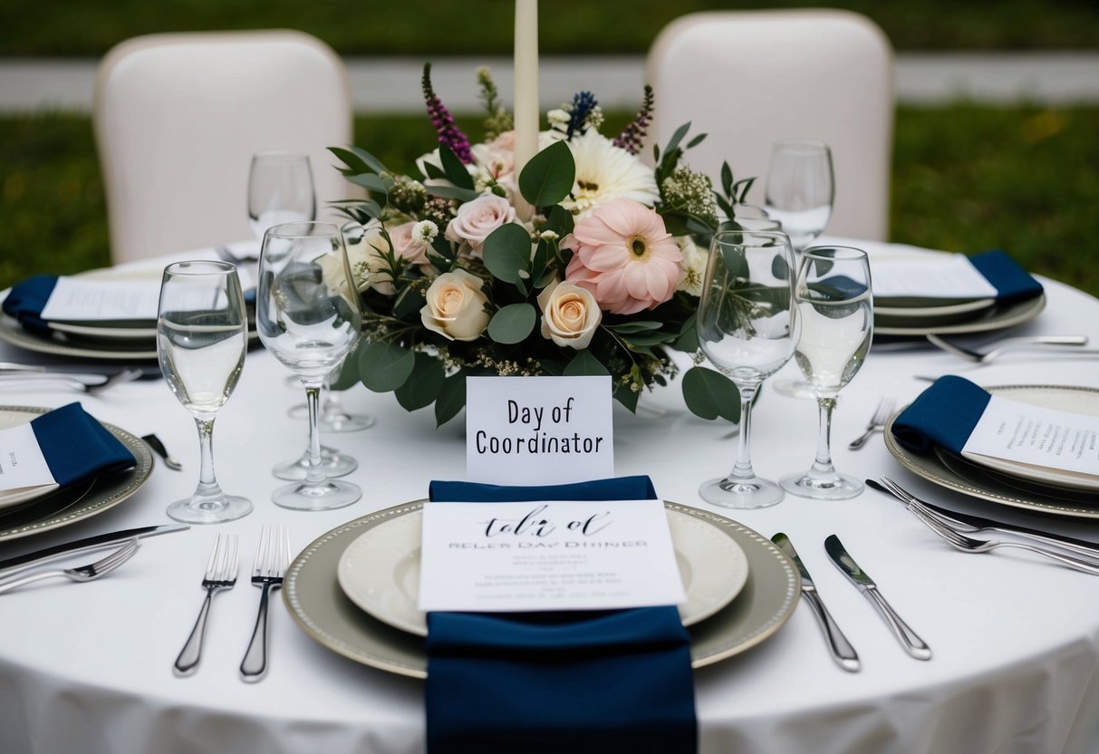 A table set for a rehearsal dinner, with place settings and a floral centerpiece. A small card with "Day of Coordinator" written on it is placed at one of the settings