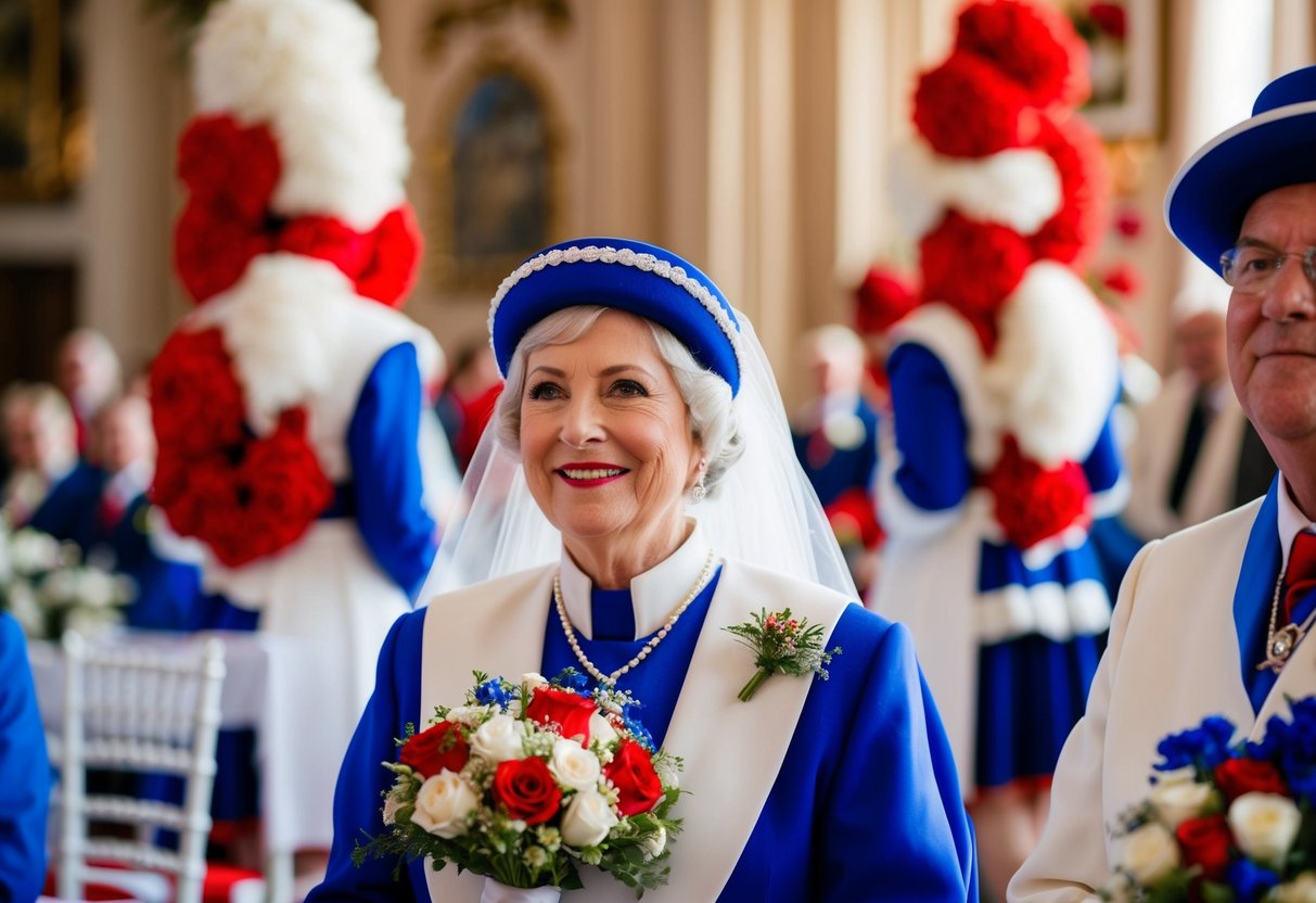 A traditional British wedding scene with red, white, and blue colors prominently featured in the decor, flowers, and attire