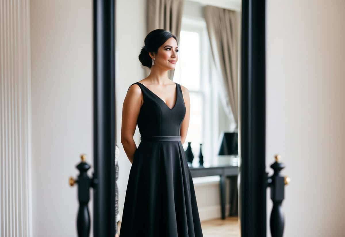 A woman standing in front of a full-length mirror, wearing a black dress and contemplating her outfit for a wedding