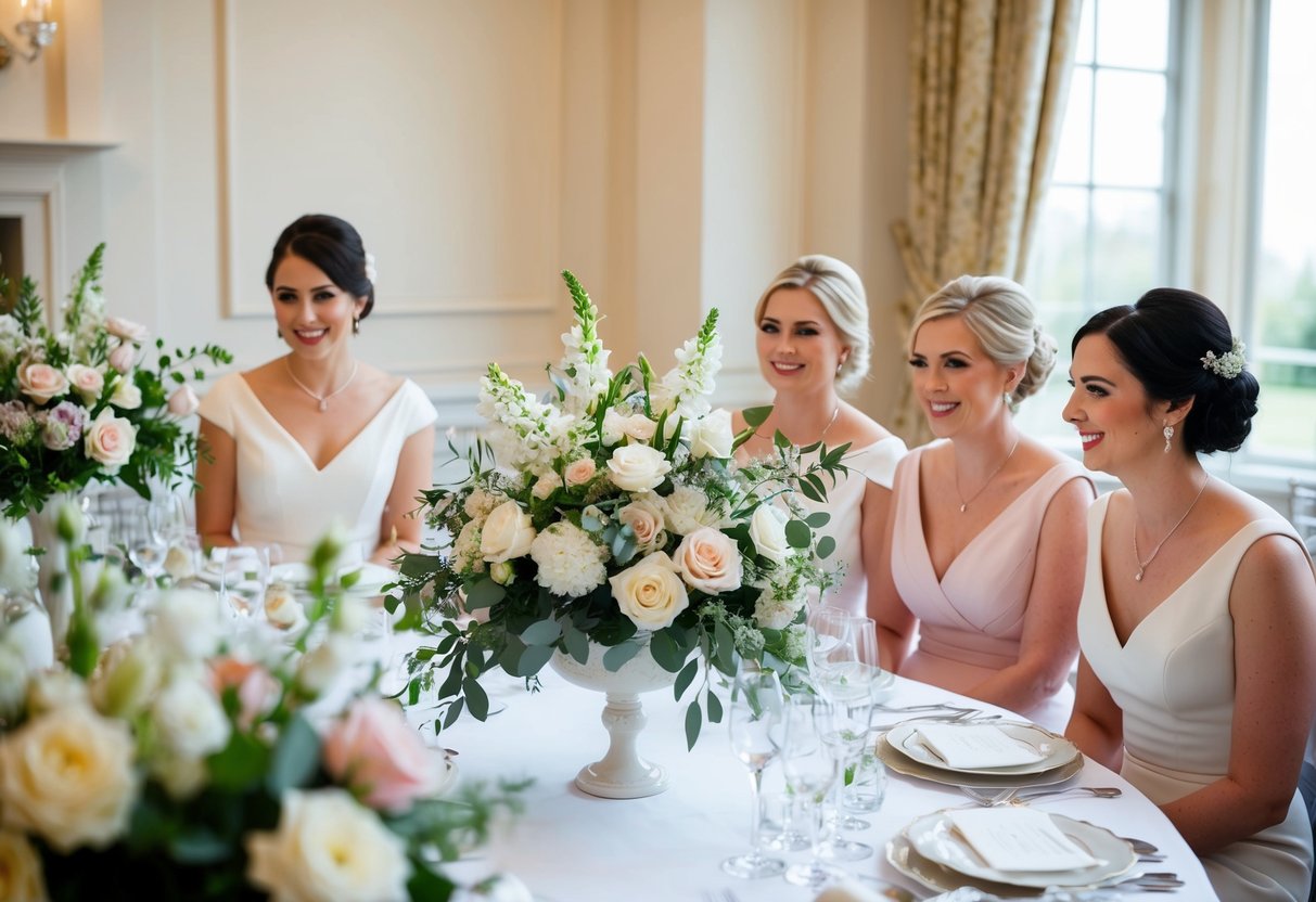 A traditional British wedding with a color scheme of white, ivory, and pastel hues. Floral arrangements, bridesmaids' dresses, and table settings reflect the elegant color palette