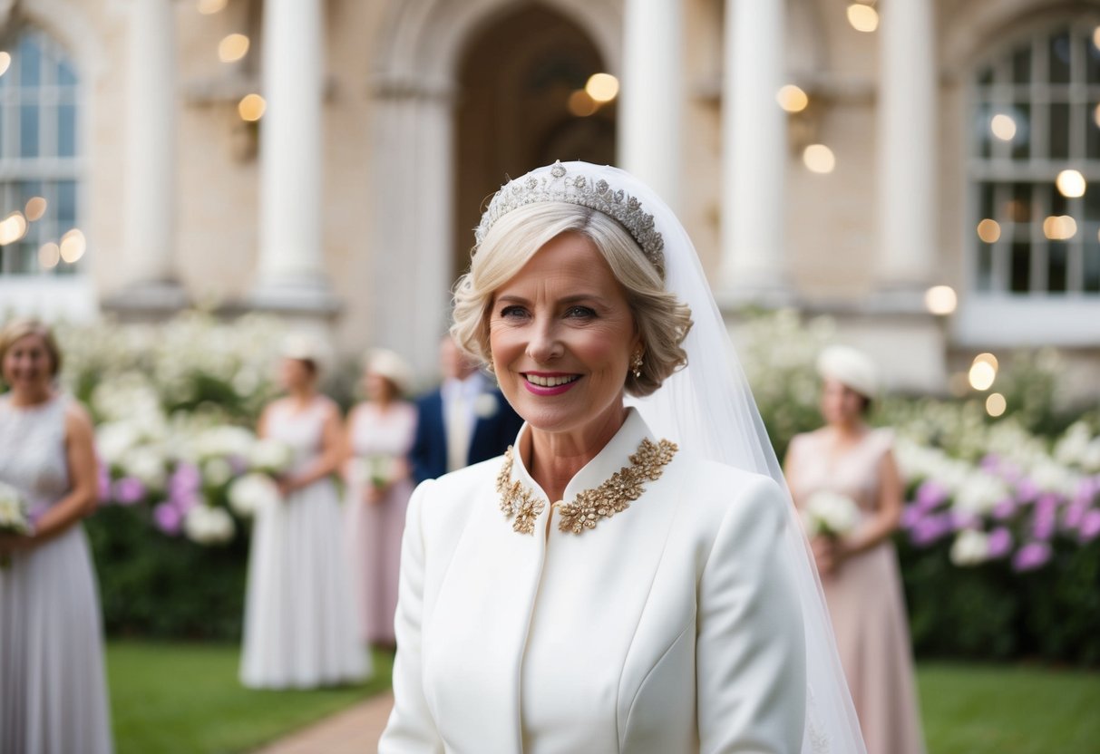 A British wedding scene with a color palette of elegant whites, soft pastels, and touches of gold and silver