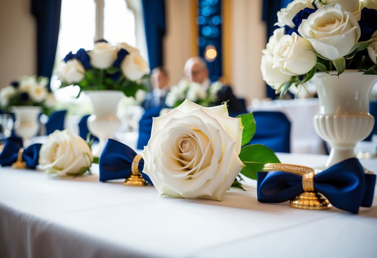 A traditional British wedding scene with white roses, navy blue accents, and gold details