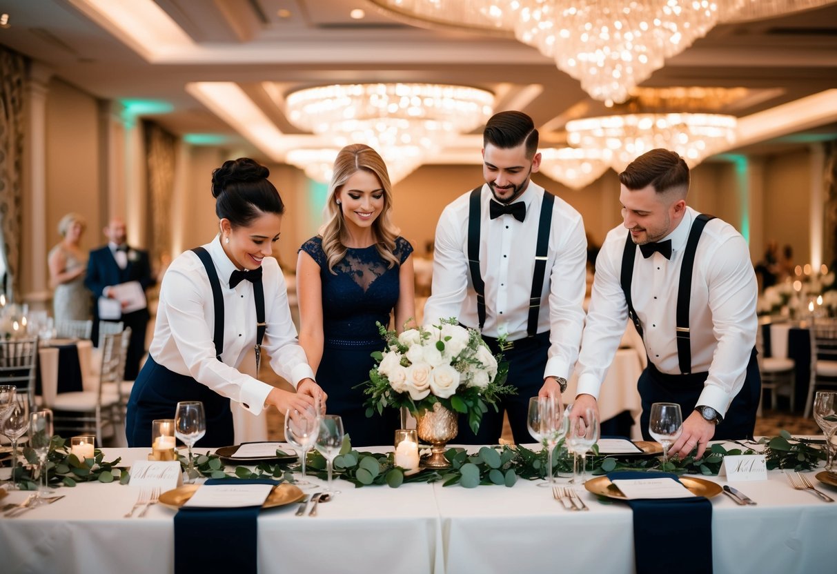 Wedding planners in formal attire, coordinating details at a lavish reception venue