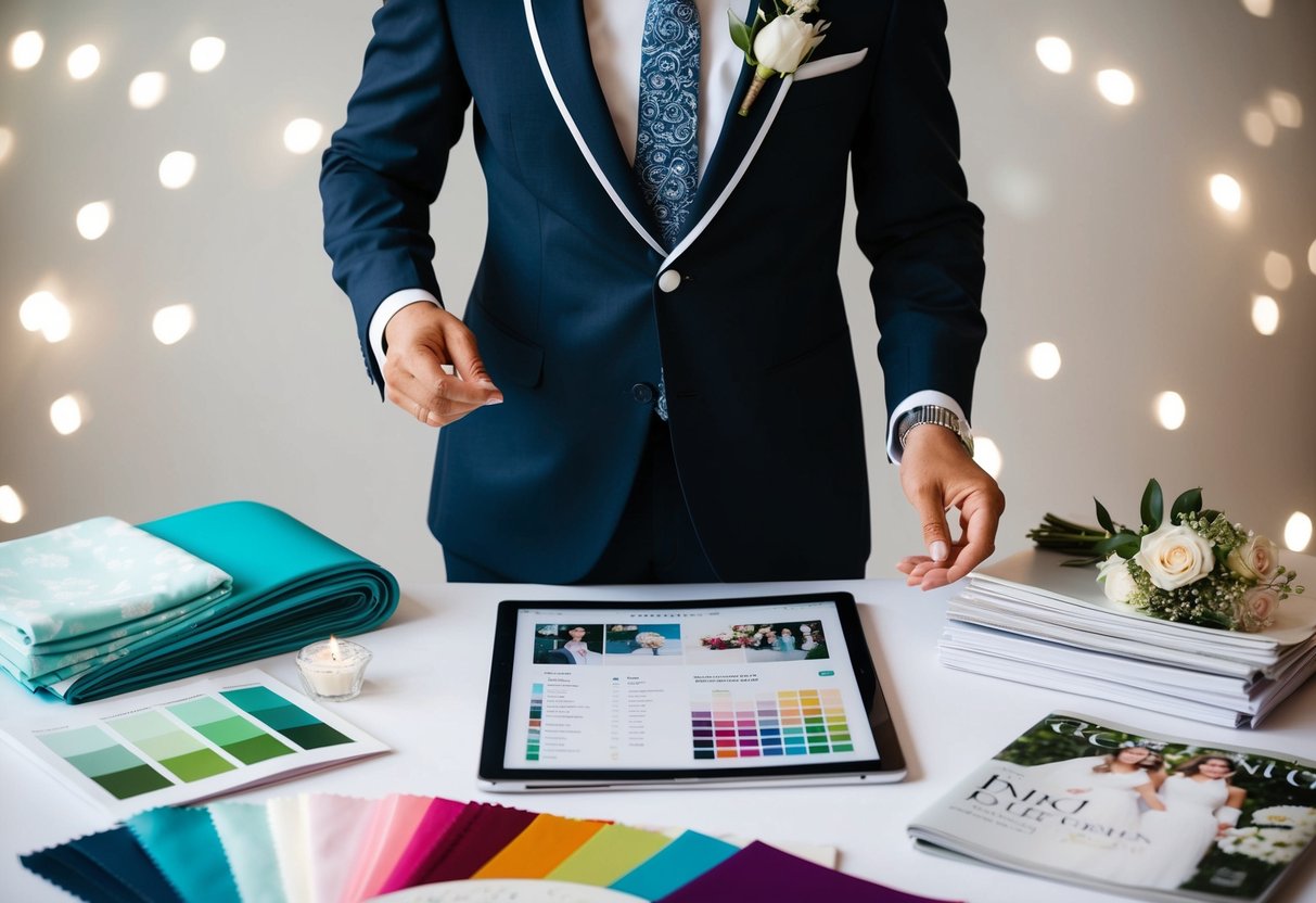 A wedding planner in formal attire, coordinating with the wedding theme, surrounded by fabric swatches, color palettes, and bridal magazines