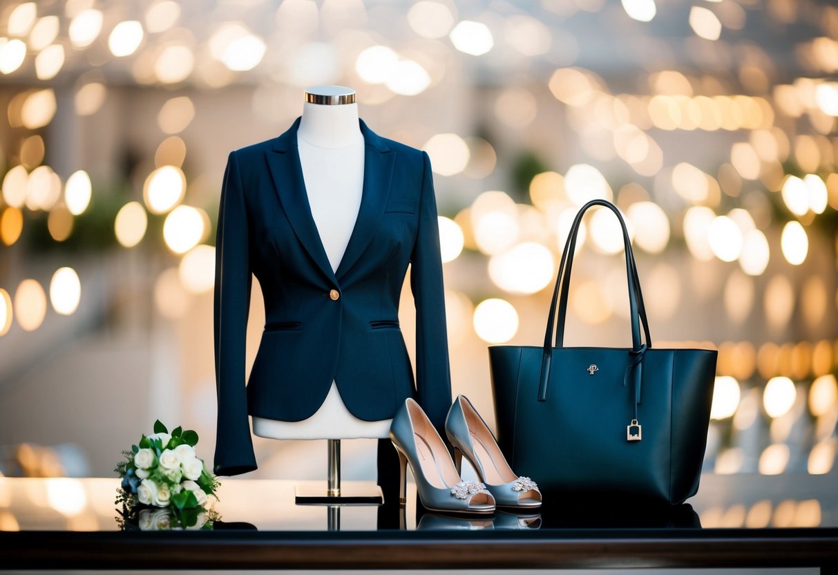 A wedding planner's wardrobe: a sleek blazer, elegant dress, stylish heels, and a chic tote bag