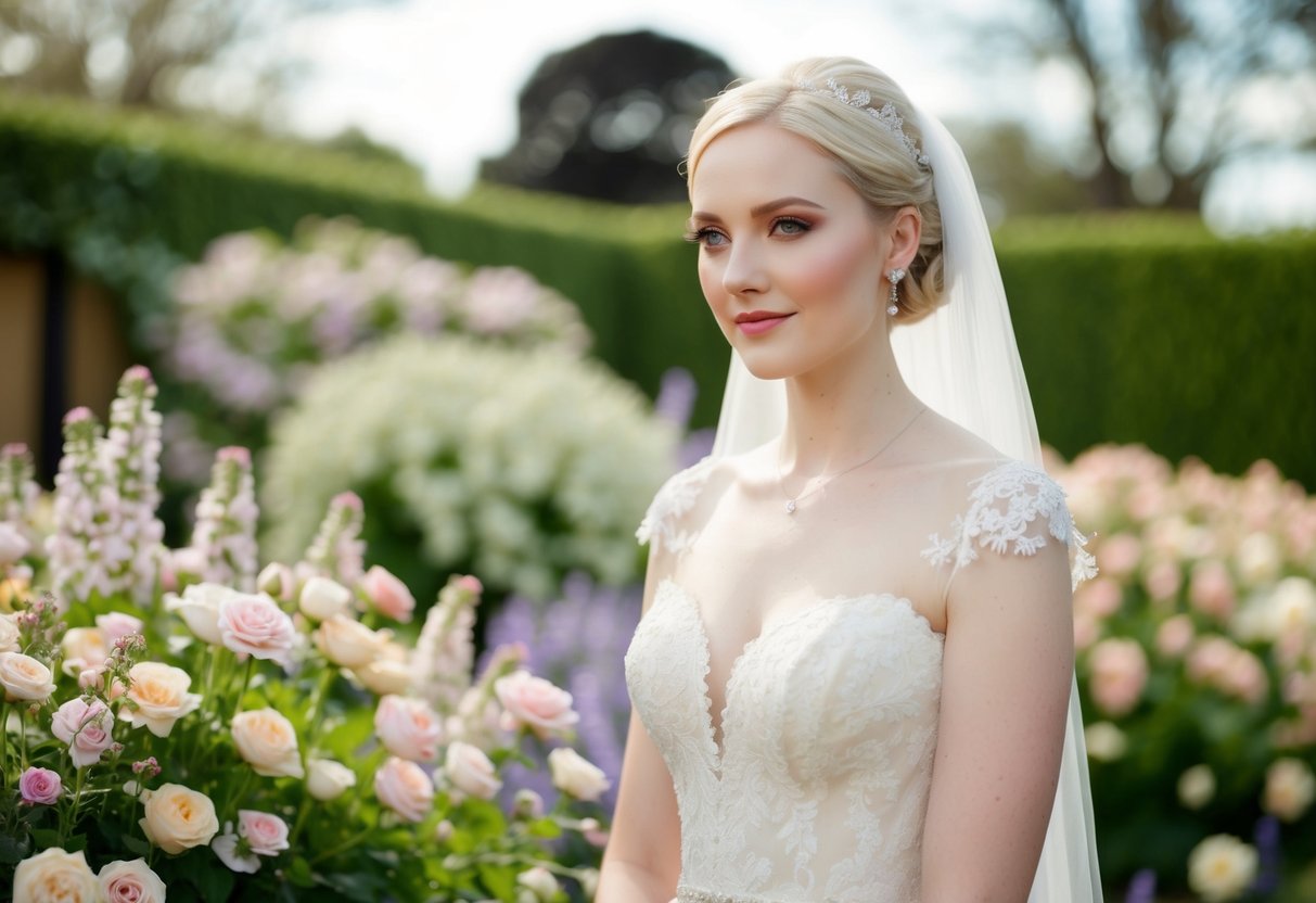 A pale-skinned bride stands in a garden surrounded by pastel flowers, wearing a soft ivory wedding dress with delicate lace details