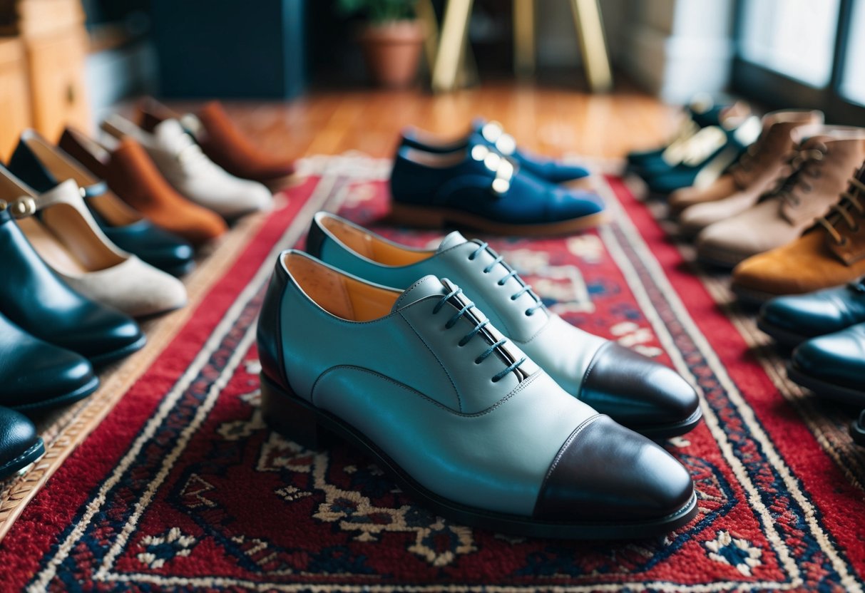 A pair of elegant and comfortable shoes displayed on a stylish rug, surrounded by various options of footwear