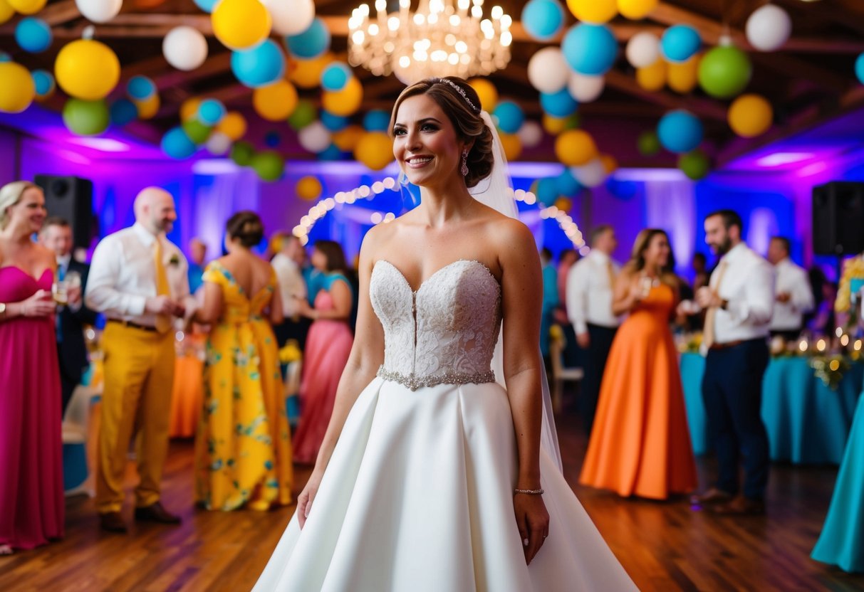 A bride wearing a white gown at a colorful reception with vibrant decorations and guests in festive attire