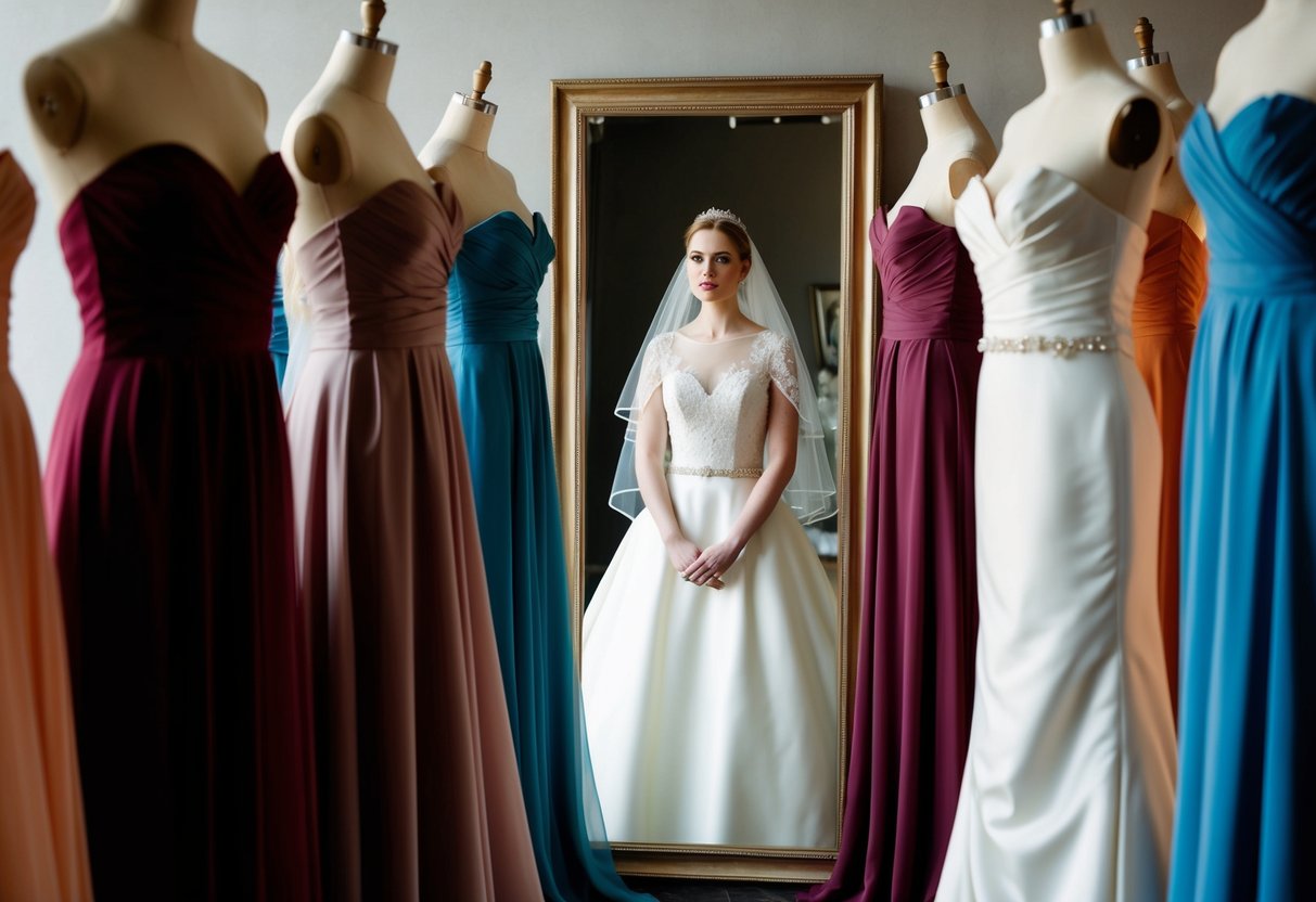 A pale-skinned bride stands in front of a mirror, surrounded by different colored wedding dresses. Warm and cool toned fabrics are draped over mannequins