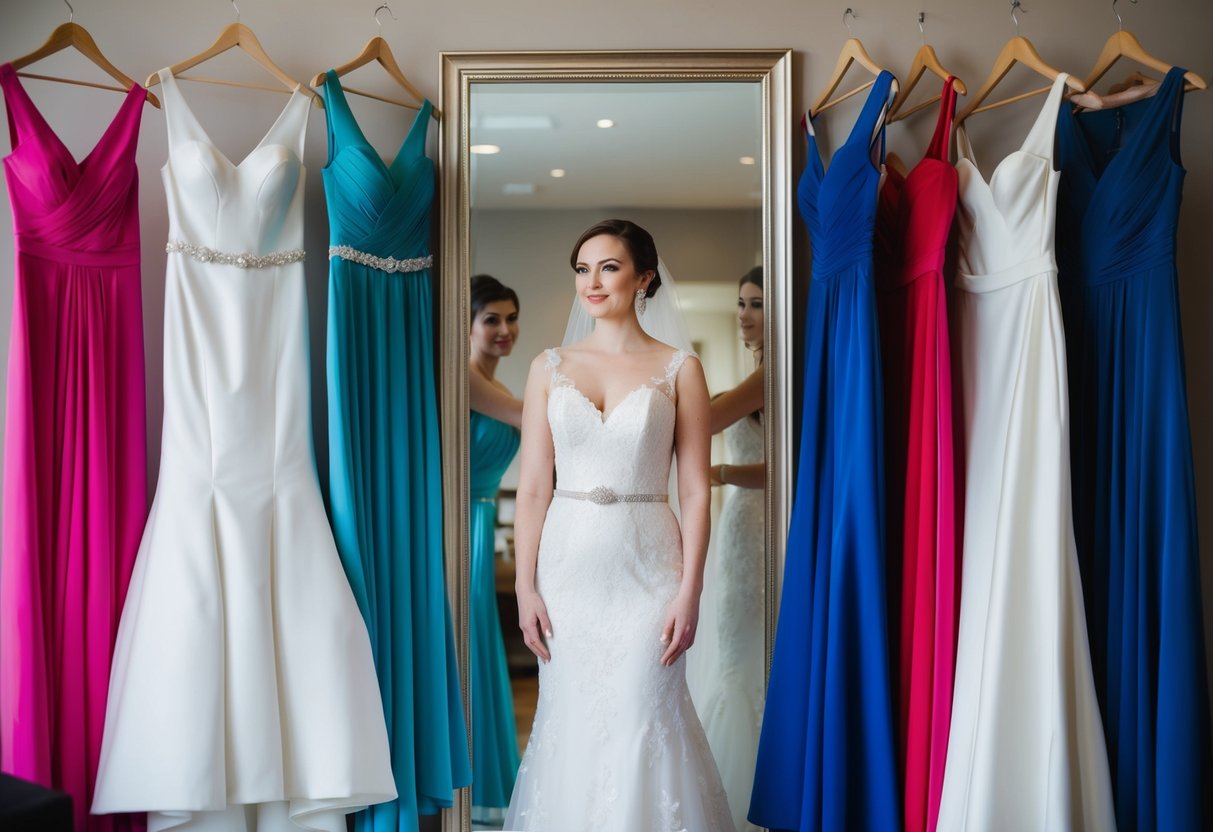 A pale-skinned bride stands in front of a mirror surrounded by various colored wedding dresses, carefully examining how each color complements her skin tone