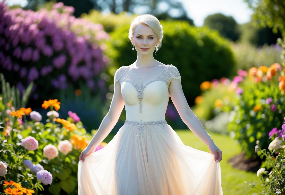 A pale-skinned bride stands in a garden, surrounded by vibrant flowers. Her flowing wedding dress is a soft, pastel color, with intricate lace details and delicate beading that catches the sunlight