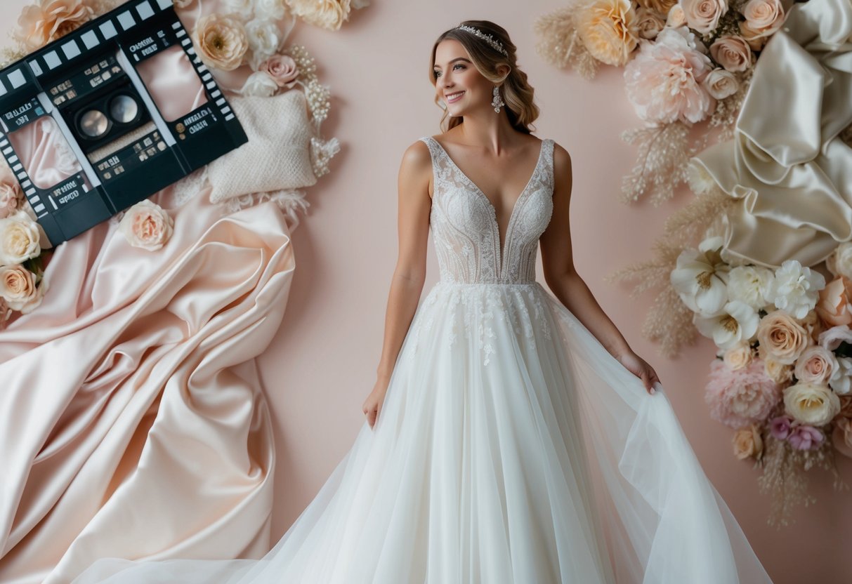 A bride in a flowing reception dress, surrounded by luxurious fabrics and textures in soft pastel hues