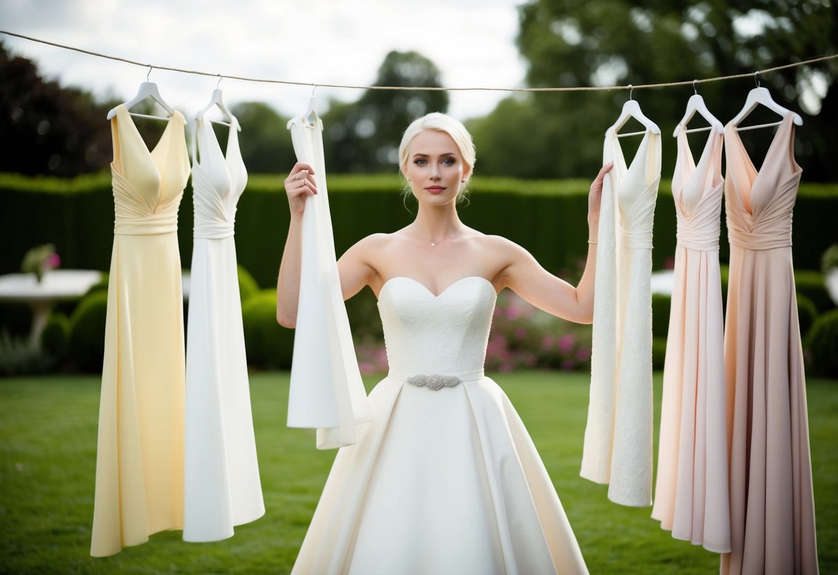 A pale-skinned bride stands in a garden, surrounded by swatches of various colored fabrics. She holds up a white, ivory, and blush pink dress against her skin, studying the effect of each color