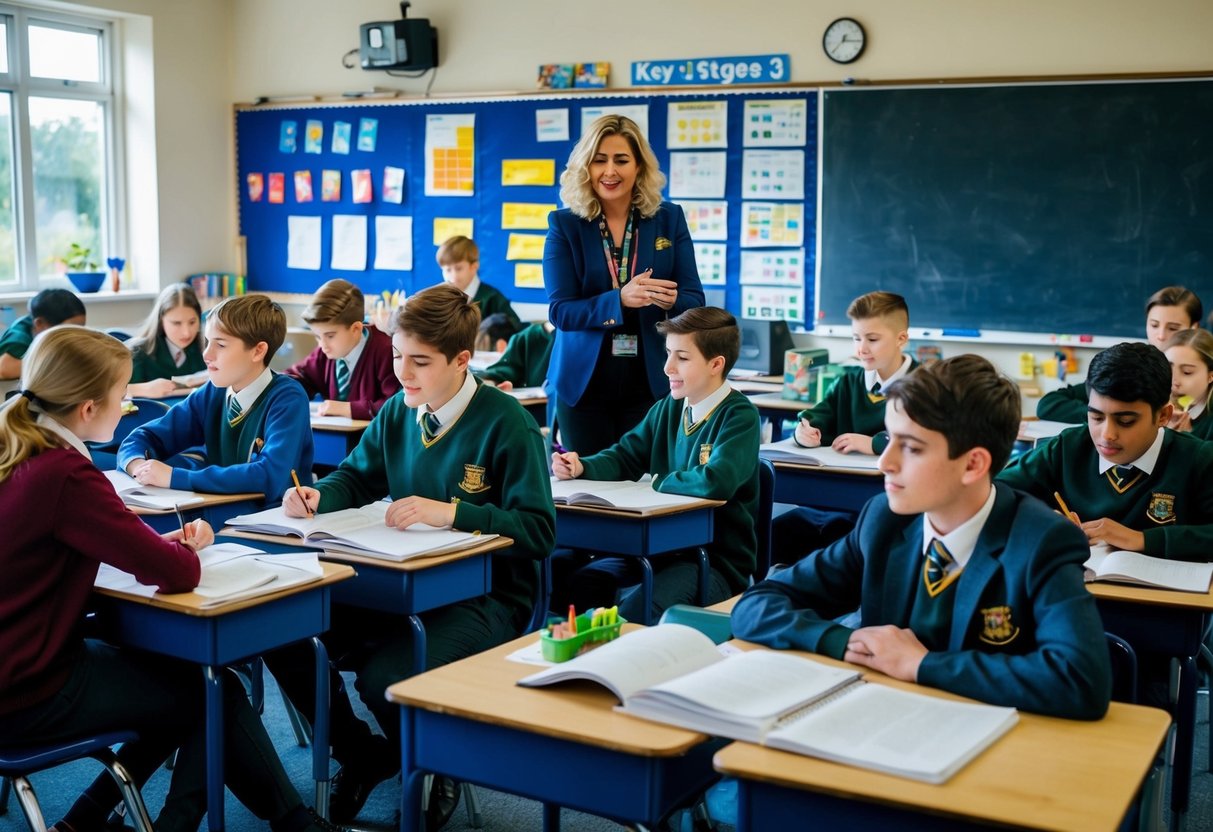 A classroom with students aged 11-14 engaged in various subjects, with the Key Stage 3 Coordinator overseeing and organizing the curriculum and activities