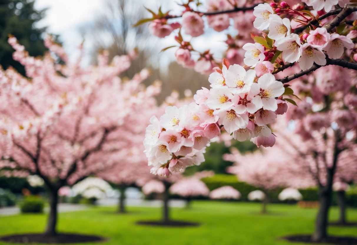 A serene garden with blooming pink and white cherry blossoms