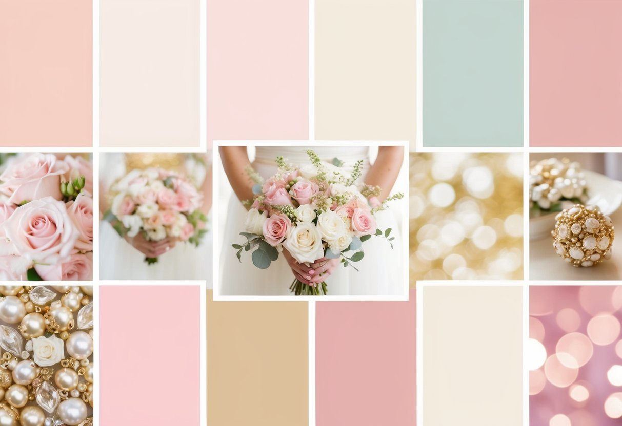 A wedding theme with a pastel color palette of soft pinks, creams, and gold accents