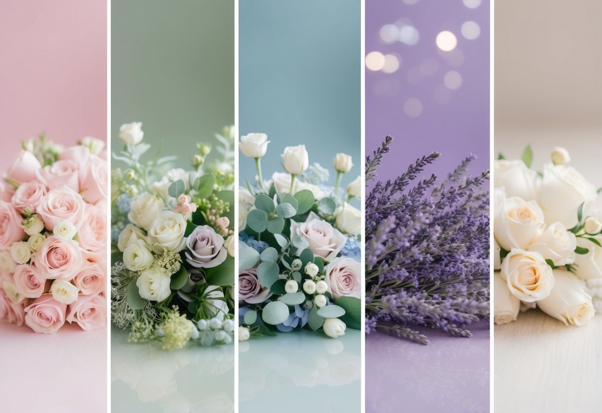 A wedding theme color palette with 5 soft pastel shades: blush pink, dusty blue, sage green, lavender, and ivory