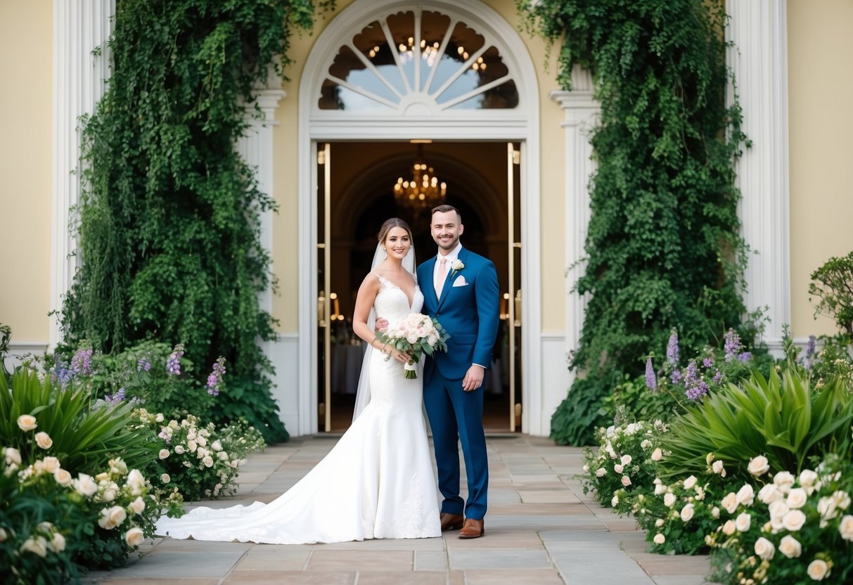A bride and groom stand in front of a grand, ornate venue, surrounded by lush greenery and blooming flowers. The venue's color scheme complements the couple's attire, creating a harmonious and elegant setting for their wedding
