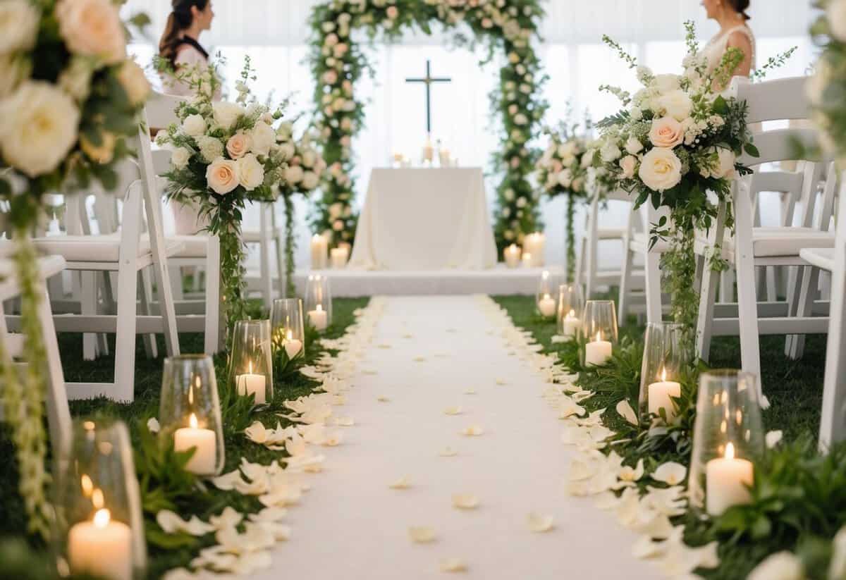 A floral path leads to the altar, adorned with soft petals and greenery, creating a serene and romantic atmosphere