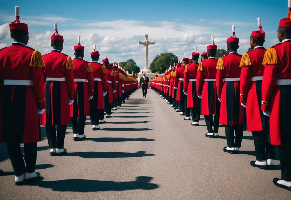 A line of figures in ceremonial attire moving towards a central point