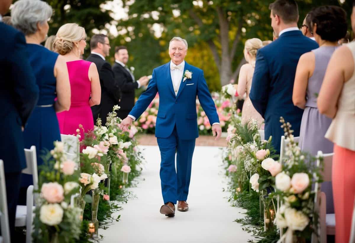 A figure leads the bride down the aisle, surrounded by flowers and music