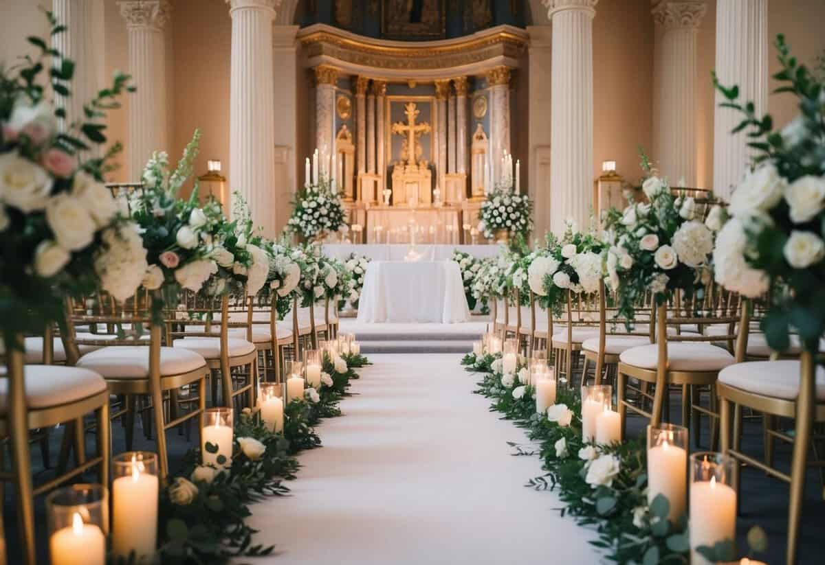 A flower-lined aisle leads to a grand altar adorned with ornate decorations and soft candlelight