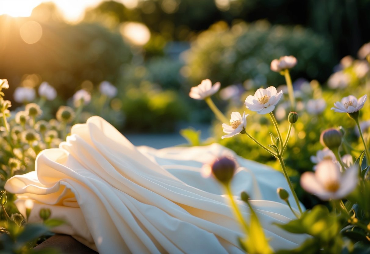 A serene garden with soft, flowing fabrics and delicate flowers, bathed in warm, golden light