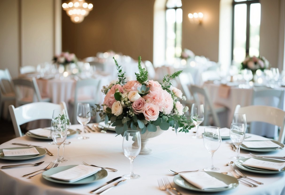A table set with a white tablecloth and adorned with floral centerpieces in the wedding colors of blush pink and sage green