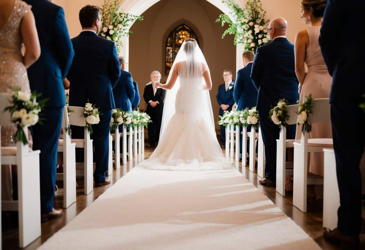 A figure stands at the end of a long aisle, illuminated by soft light, as they guide the bride to the altar