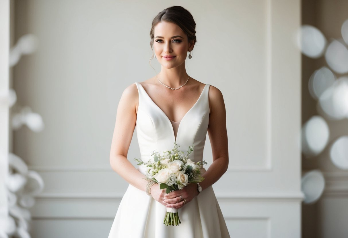 A bride stands in a minimalistic, elegant gown, adorned with delicate, understated jewelry. Her hair is styled in a simple, yet stunning updo, and she holds a small bouquet of fresh flowers