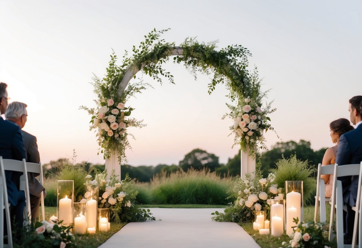 A serene outdoor wedding ceremony with a simple, elegant arch adorned with fresh flowers and greenery, surrounded by soft candlelight and natural beauty