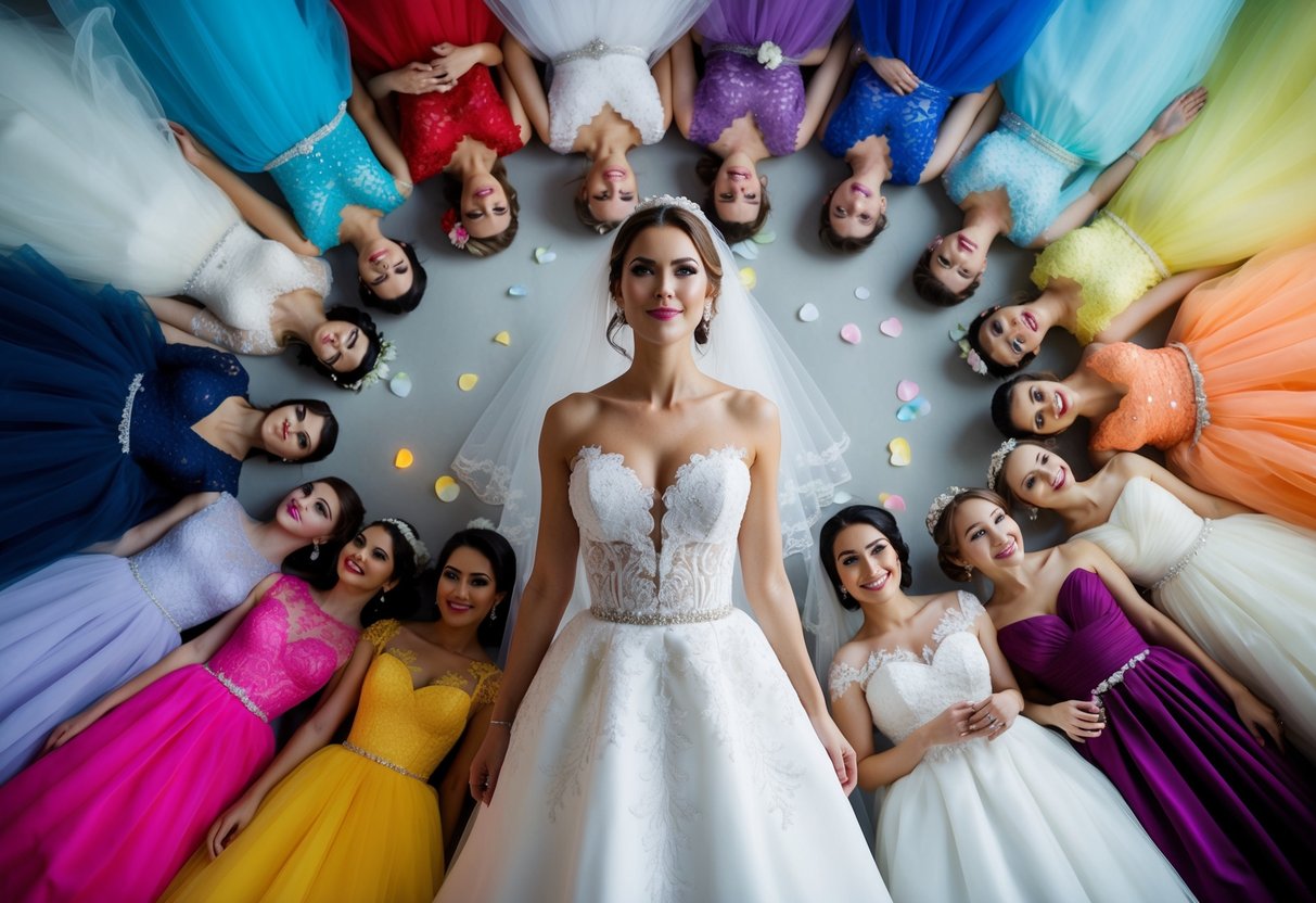 A bride surrounded by a spectrum of wedding dresses, each in a different color representing various meanings and emotions