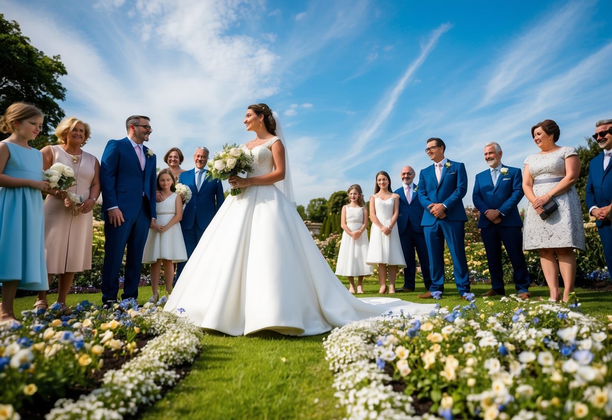 A bride in a white gown stands in a flower-filled garden under a blue sky, surrounded by family and friends