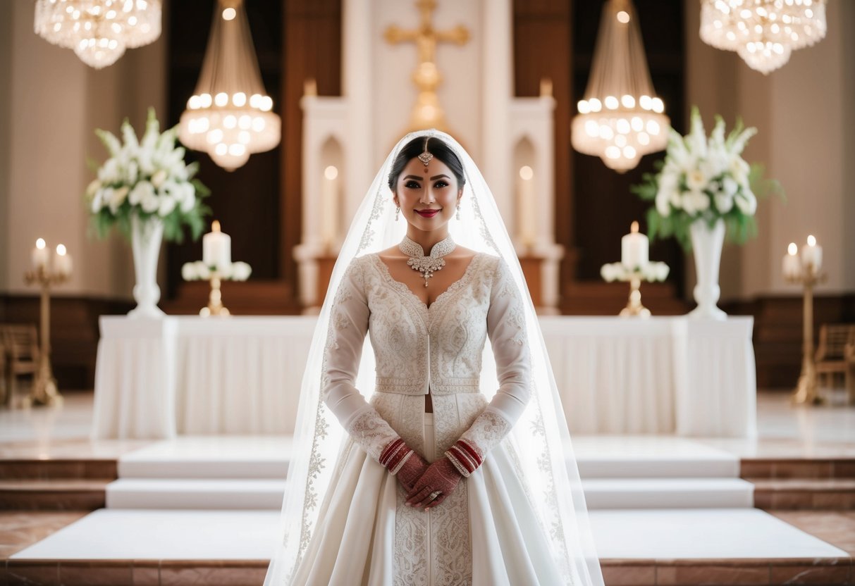 A bride in traditional white wedding attire, adorned with intricate lace and delicate embroidery, stands before a grand altar