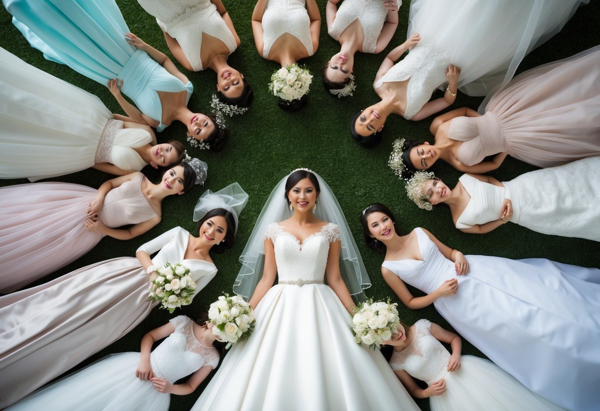 A bride surrounded by various shades of white wedding dresses, each representing a different meaning or cultural significance