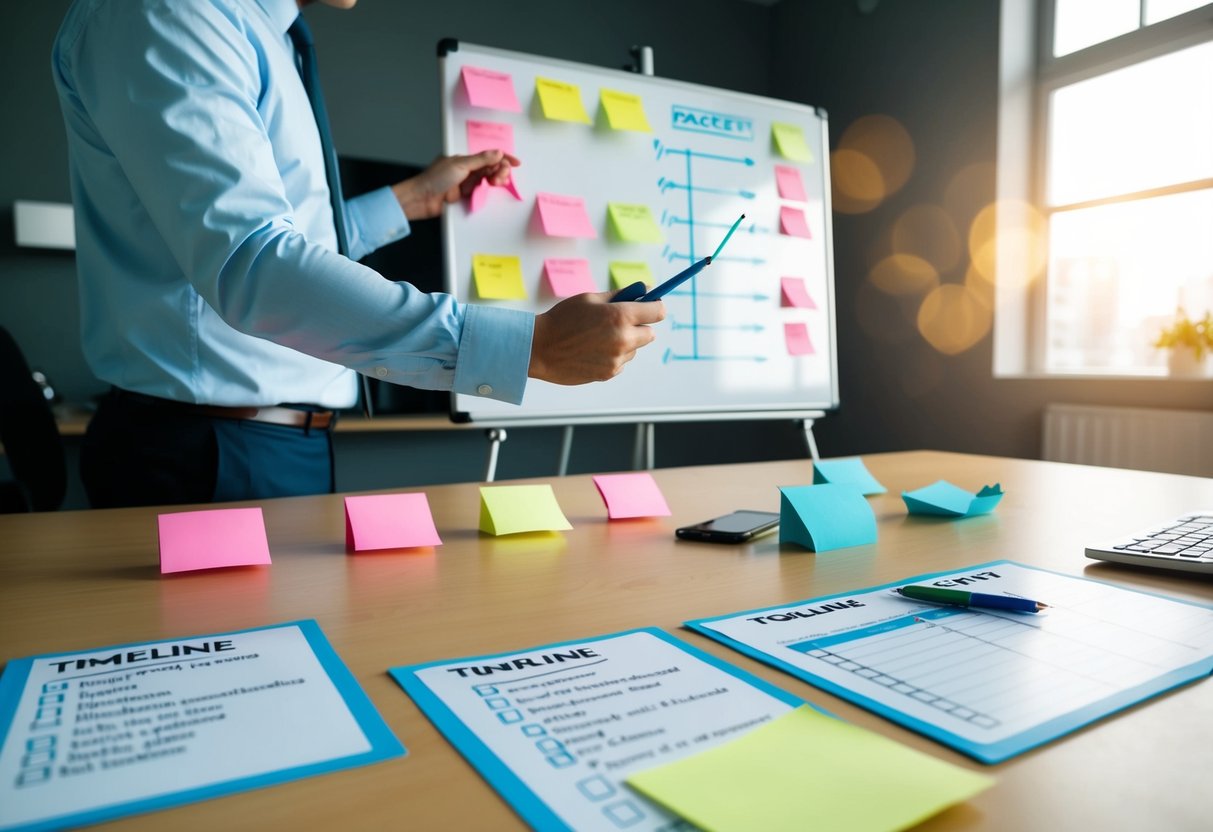 A table with a timeline chart, sticky notes, and a checklist. A person is brainstorming ideas on a whiteboard