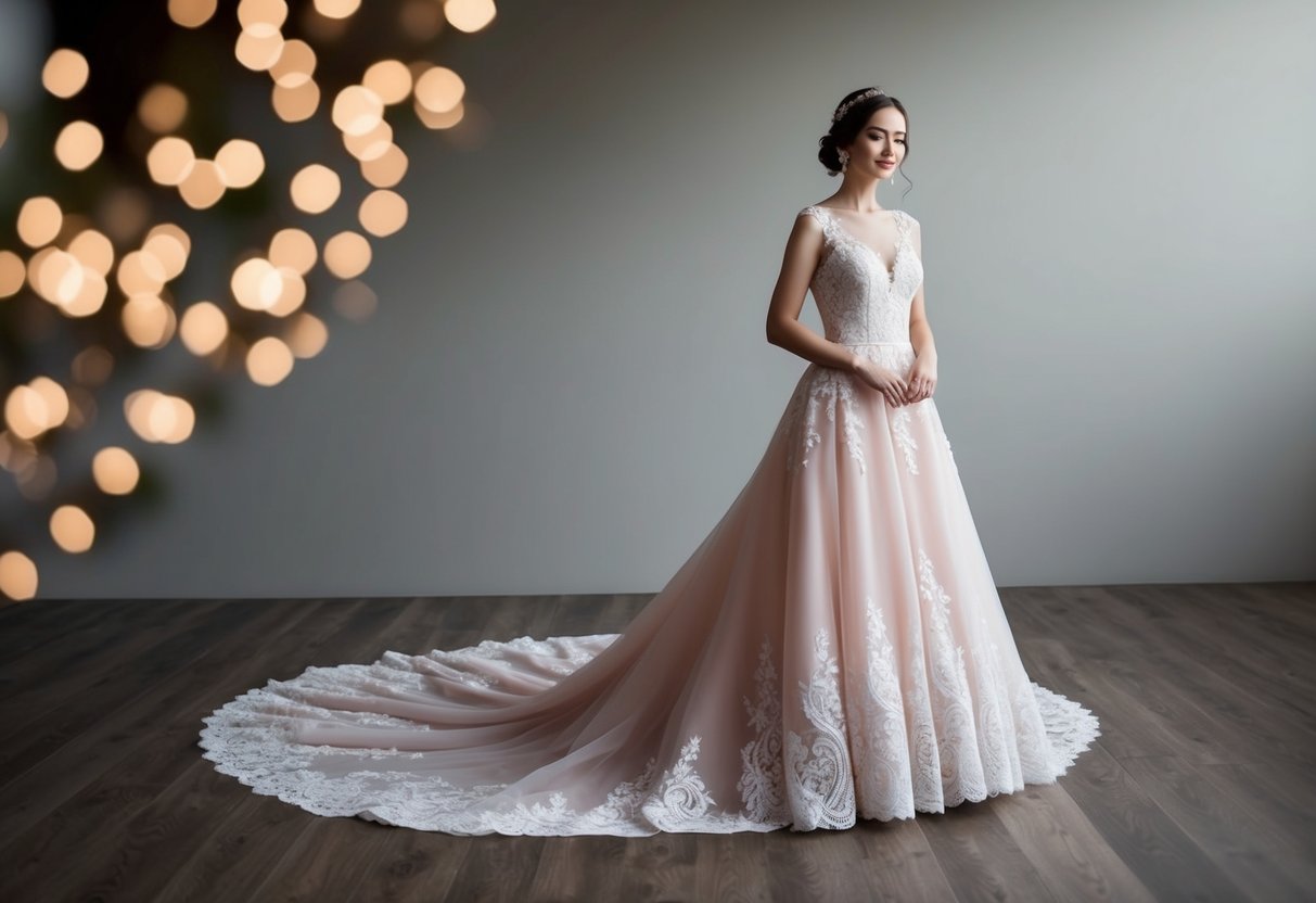 A bride standing in a modern wedding dress, adorned in a soft blush pink, with delicate lace detailing and a flowing train