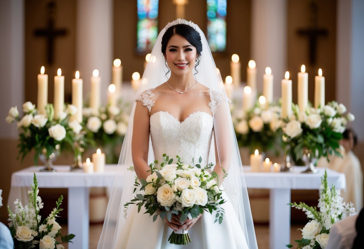 A bride in a traditional white wedding dress, surrounded by flowers and candles, stands at the altar