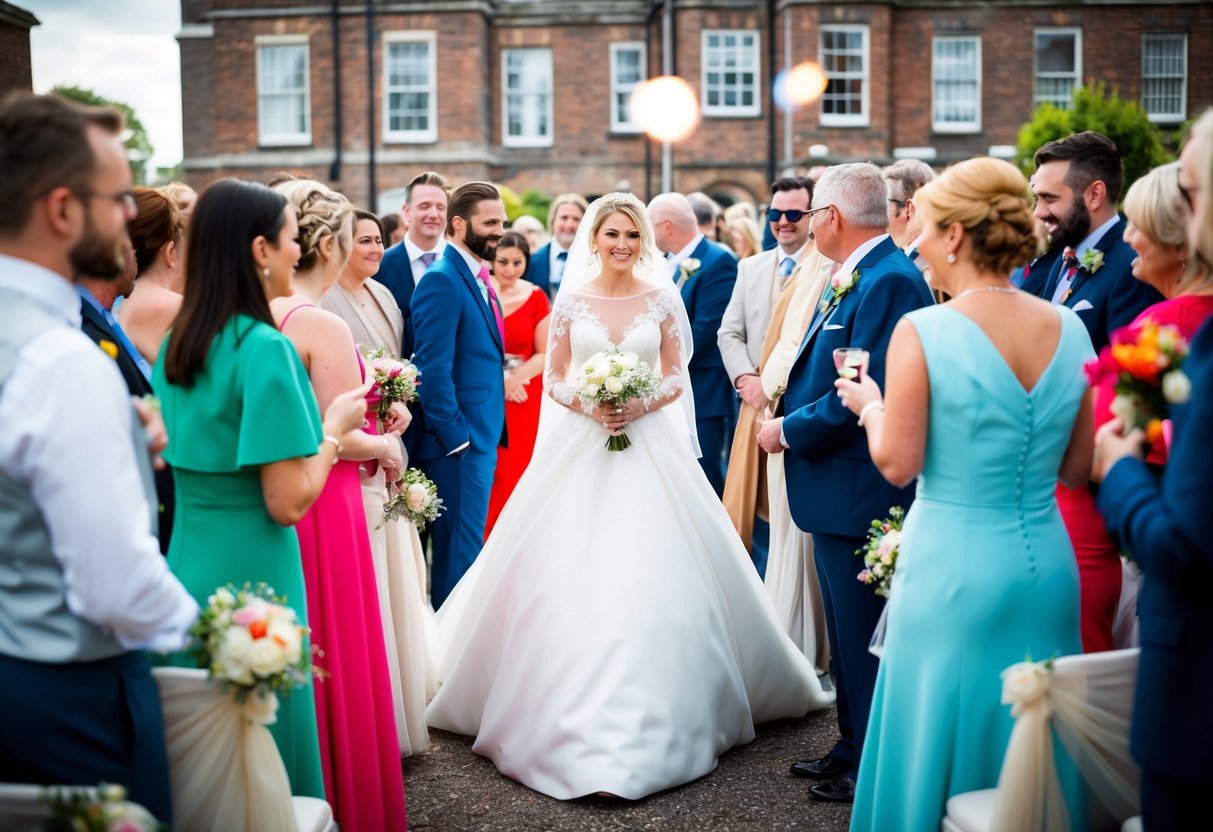 A bride usually wears a white wedding dress. The scene could show a bride in a white gown surrounded by guests in various colorful attire