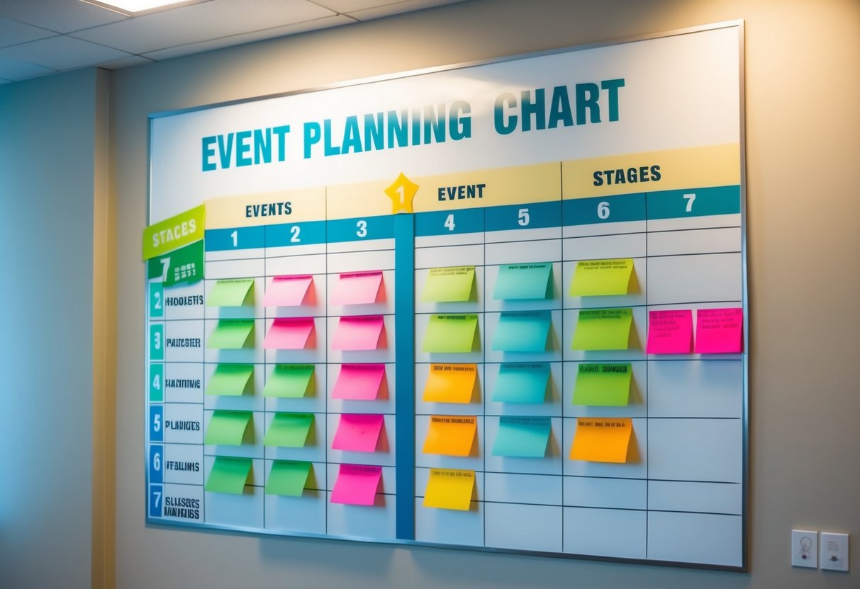 A large event planning chart displayed on a wall, with colorful sticky notes and markers indicating the 7 stages of event planning