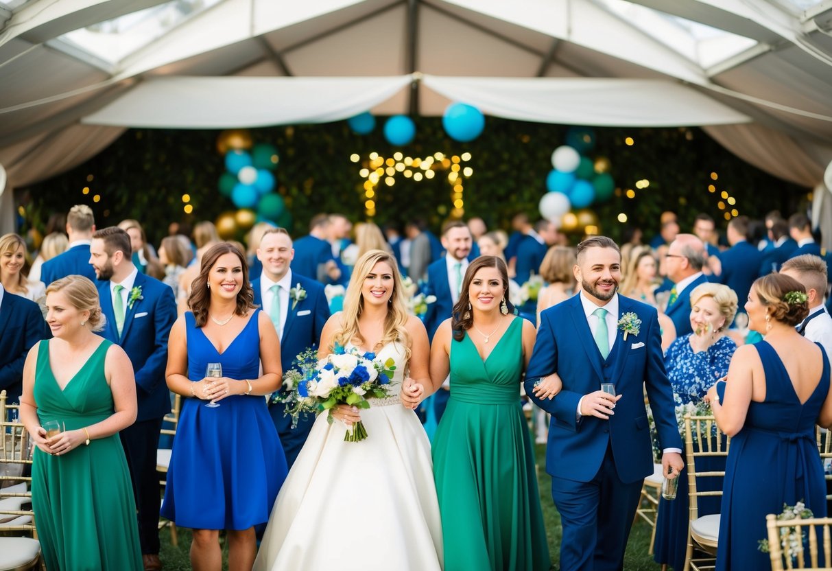 Guests in theme colors at a wedding: a sea of vibrant blues and greens, with splashes of gold and white accents throughout the venue
