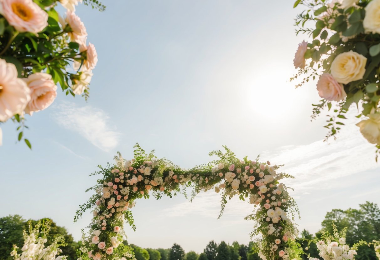 A sunny, clear sky with a soft, pastel color palette of pinks, creams, and golds. Blooming flowers and lush greenery adorn the outdoor ceremony space