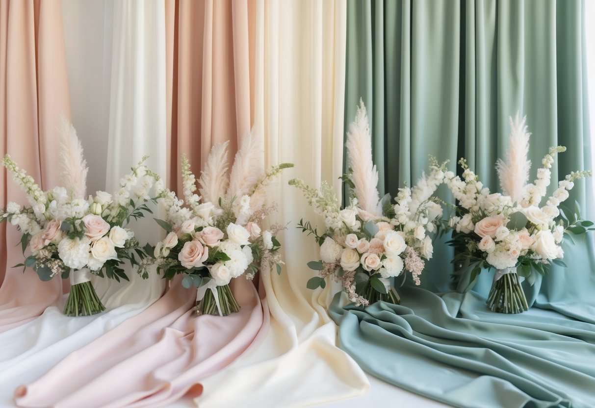 A soft, pastel color palette with shades of ivory, blush, and sage green set against a backdrop of elegant floral arrangements and flowing fabrics