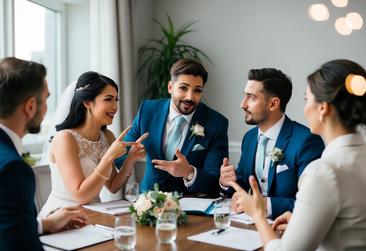 A wedding planner making suggestive gestures and inappropriate comments during a meeting with the couple