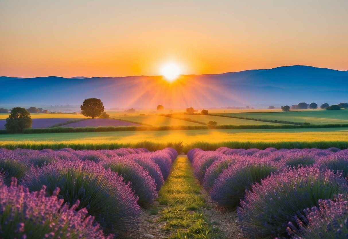 A golden sunset casts a warm glow over a serene countryside landscape, with fields of blooming lavender and a clear blue sky